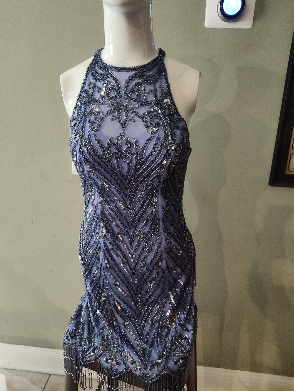 Sherri Hill Short Blue Beaded Dress Periwinkle